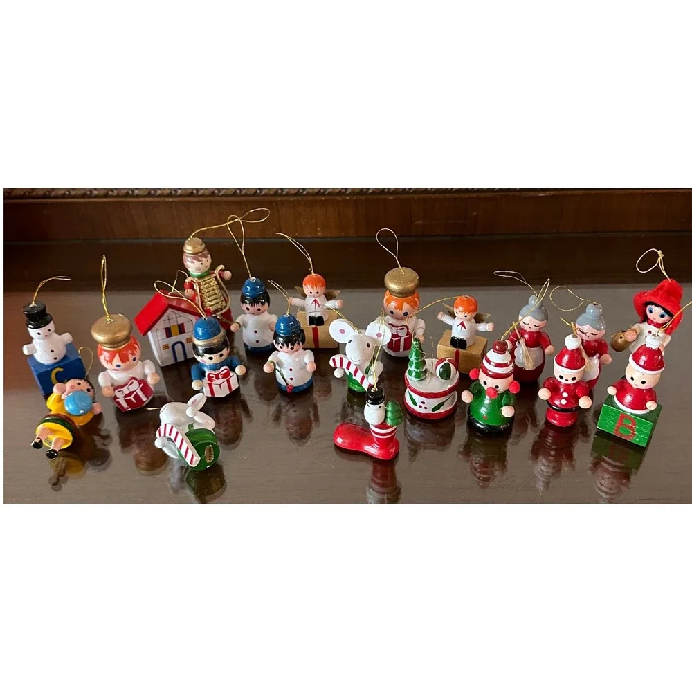 Vintage Lot of 21 Wooden Christmas Ornaments Hand Painted Folk Art Santa Snowman